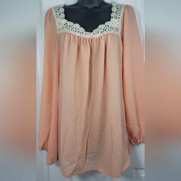 Haptics Crotchet Lace Cream Neckline Peach Long Sleeve Blouse Modest - Picture 3 of 4